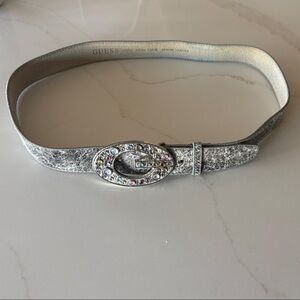 GUESS Textured Silver leather Belt with Colorful Gem Accents